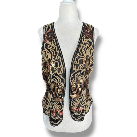 Vintage 90s Black Tie Silk Beaded Metallic Sequin Open Front Vest Gold Bronze - Picture 11 of 11